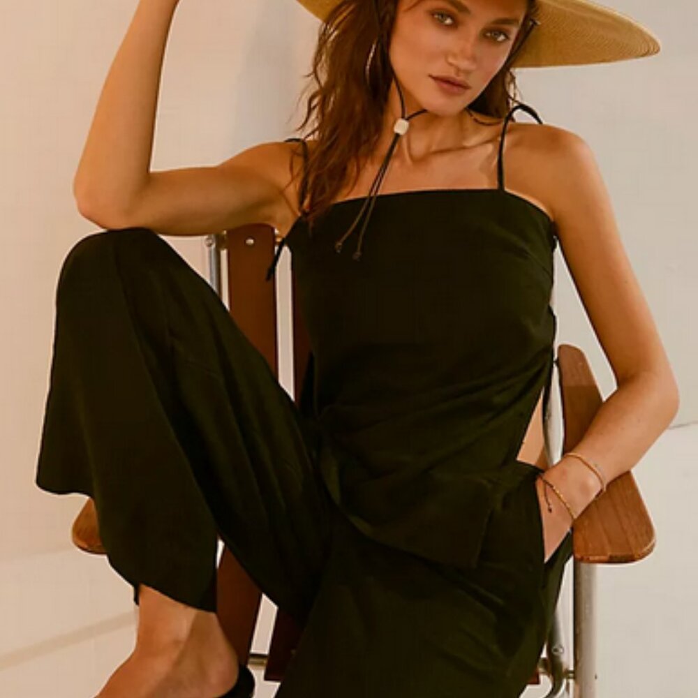 Free People Sightseer Linen Co-Ord Black Pockets Top Pant Set
